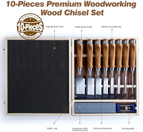 cr-v60 steel wood chisel set with sharpening kit, side view