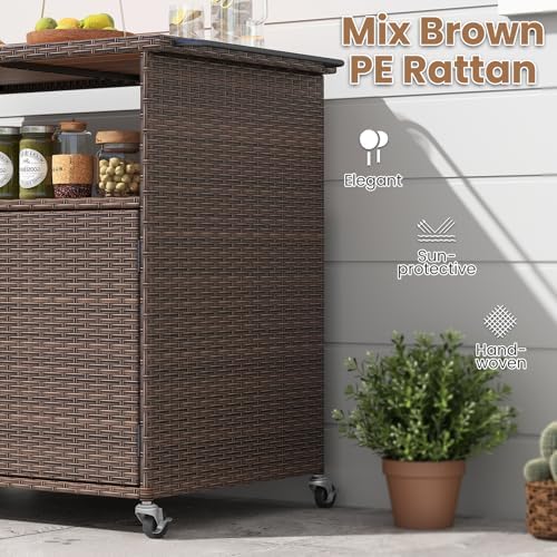 tangkula rattan outdoor storage cabinet with 4 wheels, front angle view