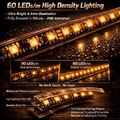 12V Marine Boat LED Light Strip Super Bright, 2 Pack 6.56FT IP68 Fully Waterproof RV Front Cap Lights, Golf Cart Underglow Roof Lights Strip for Truck ATV UTV SUV Car Pickup Trailer, Cuttable, Amber