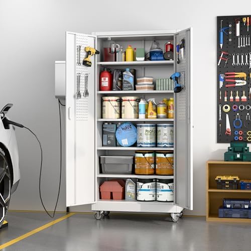 aobabo steel garage cabinet with wheels, 71" h shown in use