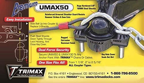 Trimax Premium Universal Die Cast Unattended Trailer Lock, Huge 9/16" Dia. Shackle UMAX50, Clam Packaging