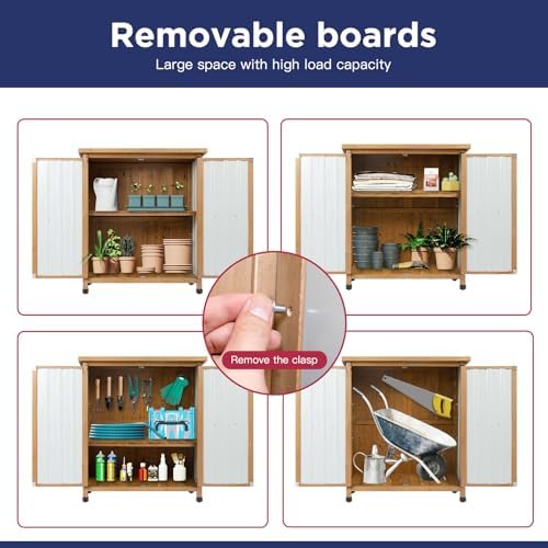 wood & metal outdoor storage cabinet with waterproof showing dimensions