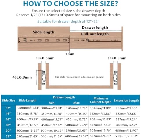 onemake 18 inch soft close side mount drawer showing dimensions