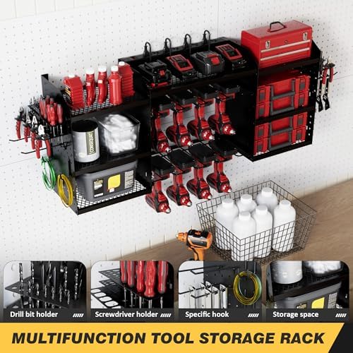 power tool organizer wall mount with charging station, front angle view
