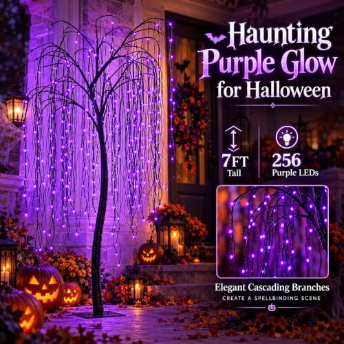 7 FT Halloween Lighted Willow Tree 256 LED Purple Lights Artificial Weeping W...
