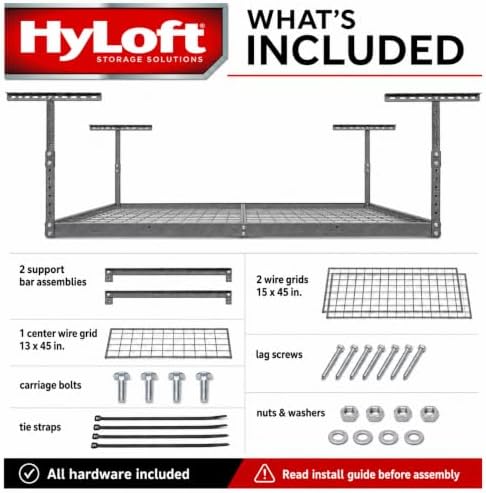 hyloft overhead steel garage storage system, ceiling rack, side view