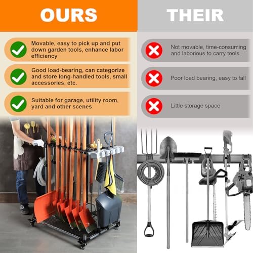 garden tool storage rack with wheels heavy-duty organizer showing dimensions