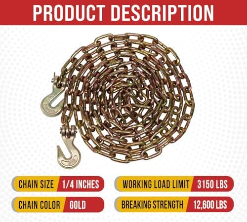 Mytee Products 1/4" x 12' Transport Binder Chain Grade 70 with Grab Hook - 3150 LBS WLL Transport Binder Tow Chain with Hooks - Towing Equipment - Gold Chromate
