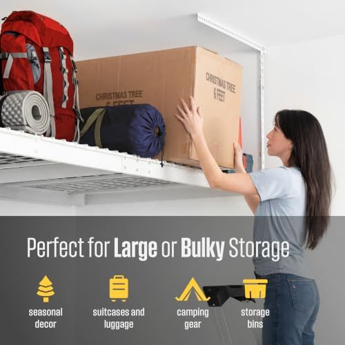 saferacks white 4x8 overhead storage rack w/ 5-pc, side view
