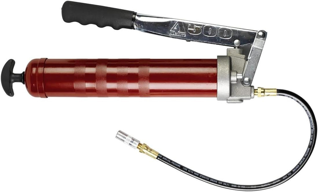 Alemite 500-E Lever Action Grease Gun, Professional Series, 18" Flexible Hose, 16 oz or 24 oz Capacity, up to 10,000 psi Pressure, Rugged Aluminum Head, Vinyl Grip, 3 Way Loading, Bleeder Valve