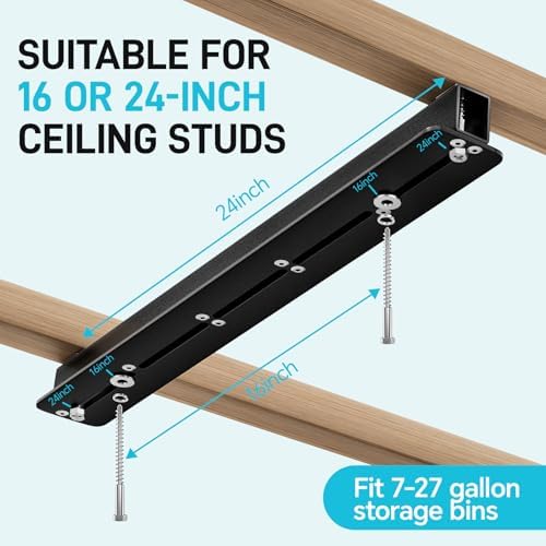 woofog ceiling utility bin rails storage rack, overhead, close-up detail