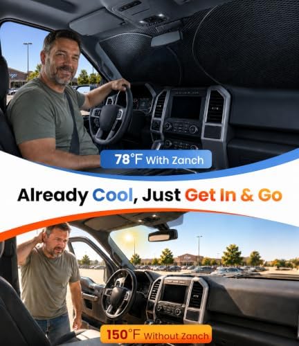 Zanch Custom Windshield Sun Shade for Ford F150 F250 F350&450 (2015–2026), 3D Scanned Fit, 7-Layer Heavy-Duty UV & Heat Blocking Protection, Interior Cooling, Foldable Truck Accessories