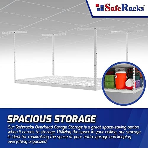 saferacks 4x6 overhead garage storage rack, white, 12"-21" showing dimensions
