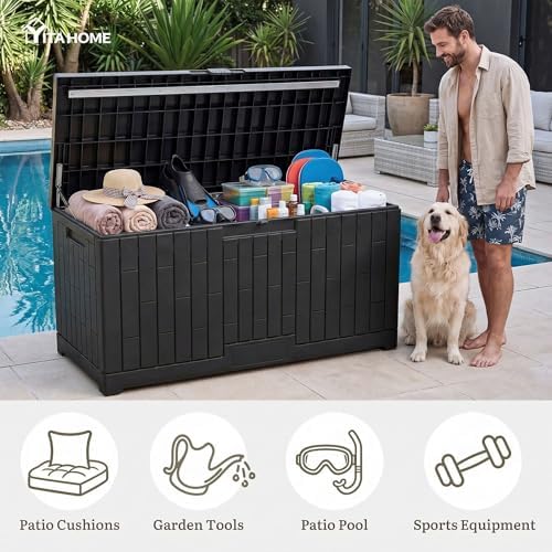 yitahome large deck box 120 gallon resin outdoor on a desk or shelf