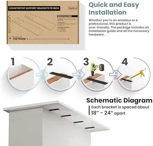 batoda 10" countertop support brackets (4pcs), steel knee showing dimensions