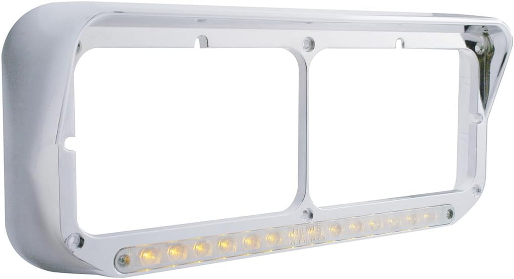 United Pacific 32352P2 Chrome Rectangular 14 LED Dual Headlight Bezel w/Visor, Chrome Plated, Injection Molded Plastic, LED Light Bar Pre-Installed – Amber LED/Clear Lens – 2 Pack
