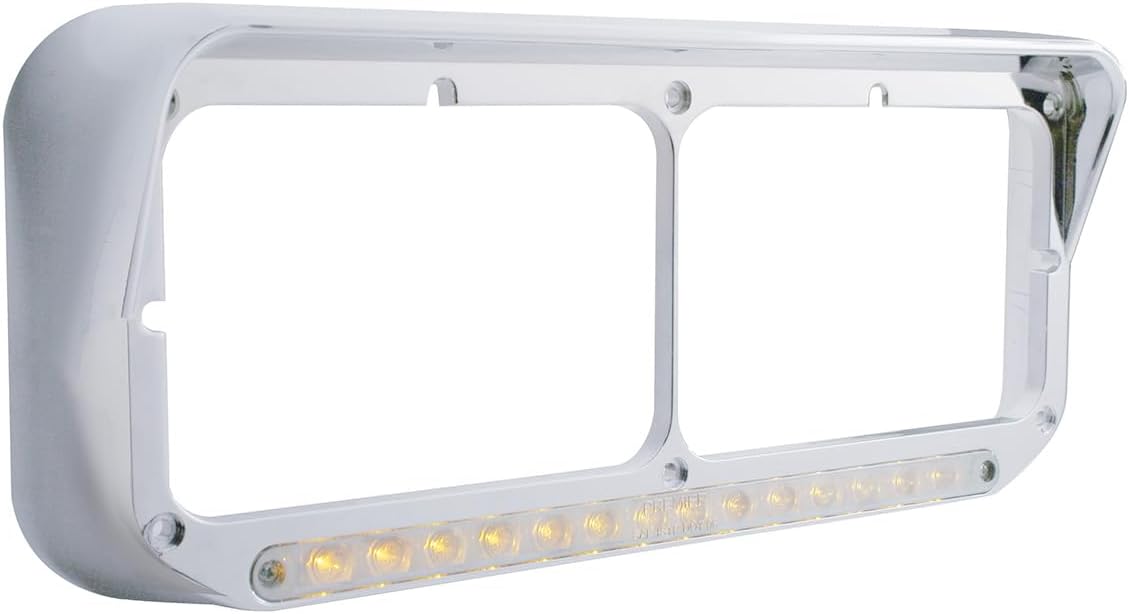 United Pacific 32352P2 Chrome Rectangular 14 LED Dual Headlight Bezel w/Visor, Chrome Plated, Injection Molded Plastic, LED Light Bar Pre-Installed – Amber LED/Clear Lens – 2 Pack