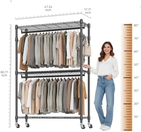 bathwa heavy duty rolling clothes rack with wheels, side view