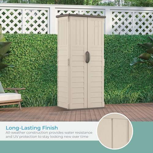 suncast vertical outdoor storage shed with all-weather construction, package contents
