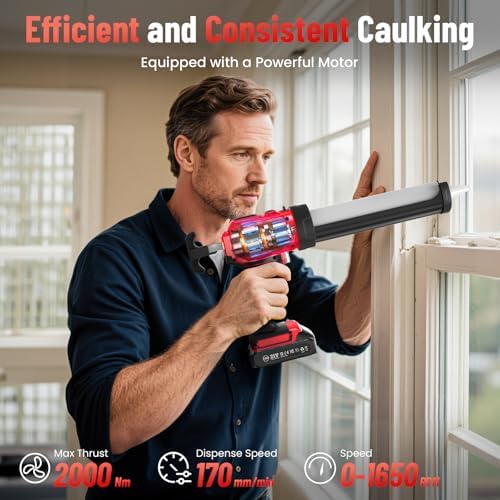 electric caulking gun, cordless caulk gun with 2x, close-up detail