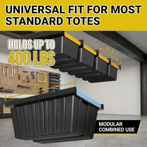overhead garage storage rack, ceiling mounted tote storage shown in use