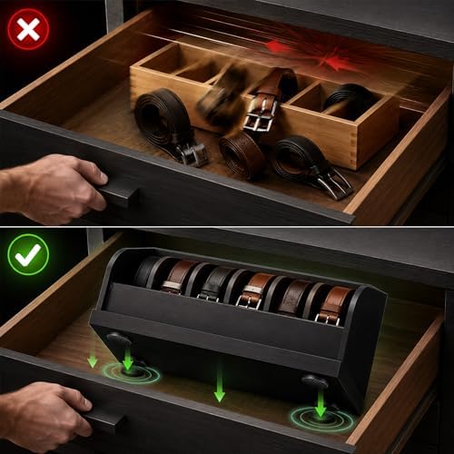 minboo bamboo belt organizer box,6 grids belt rack shown in use