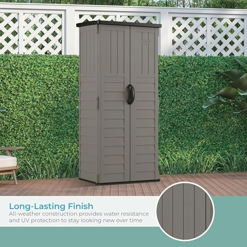 suncast 22 cu ft, vertical storage shed, pad-lockable, side view
