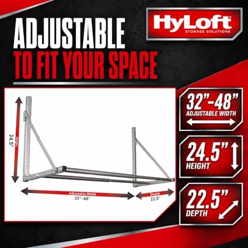 hyloft wall-mounted folding tire storage loft rack showing dimensions