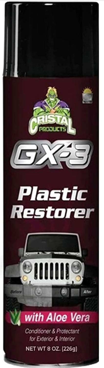 Cristal Products GX-3 Plastic Restorer – Black Plastic Restorer for Cars & Automotive Trim Restorer – Interior Car Cleaner & Exterior Faded Plastic, Vinyl & Rubber Renewer with Aloe Vera (8 fl oz)