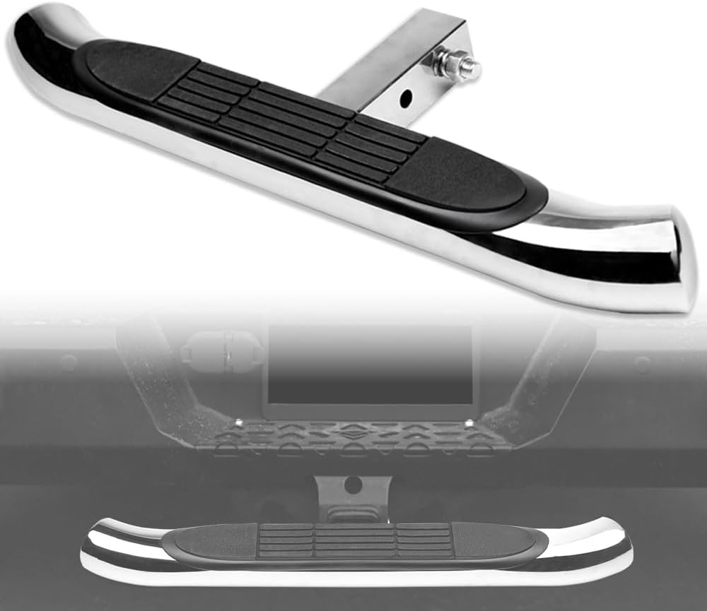 7422445151162 Universal Compatible with 2" x 2" Towing Receiver Chrome 3 Inch Tube Trailer Tow Mount Rear Hitch Step Bar Bumper Guard