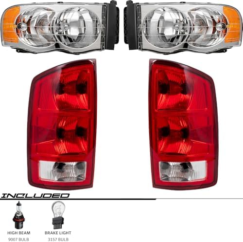 EPIC LIGHTING OE Fit Halogen Headlights Tail Lights Compatible with DGE 02-05 RAM 1500 03-05 RAM 2500 3500 [ 55077121AG 55077121AE 55077347AD 55077347AF ] Combo 4-Piece