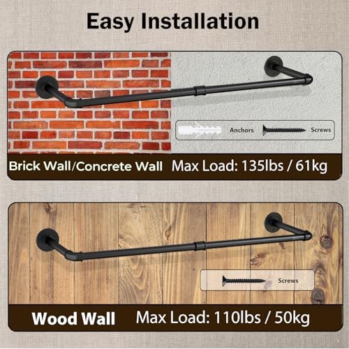 wall mounted clothes rack 31.5in, industrial pipe wall, close-up detail