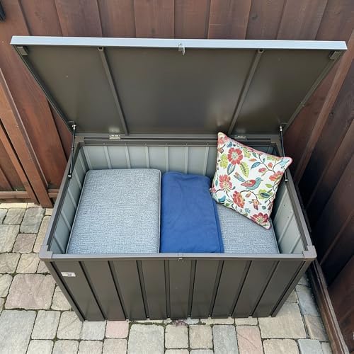 purple leaf outdoor deck box 120 gallon, waterproof shown in use