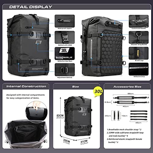 Rhinowalk Motorcycle Tail Bag Motorbike Side Bag 30L Full Waterproof Motor Saddle Pannier Bag Rear Rack Trunk Professional Motor Accessories-Black