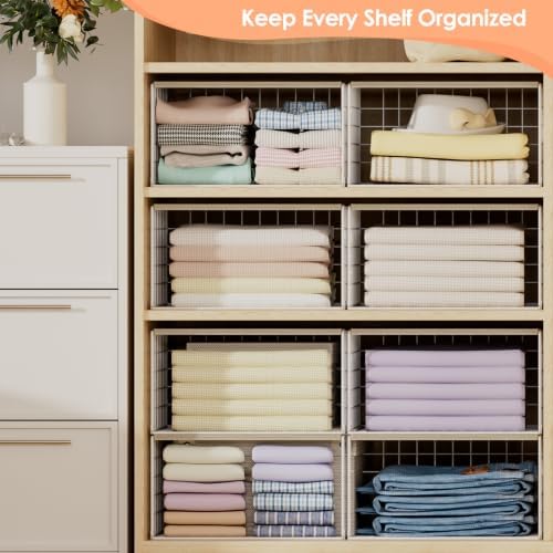 hencawima 4 pack stackable closet storage shelf organizer, front angle view