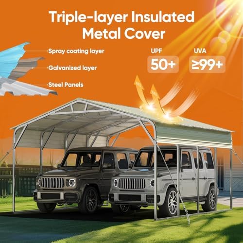 quictent 20x20 ft heavy duty 2-car metal carport, side view