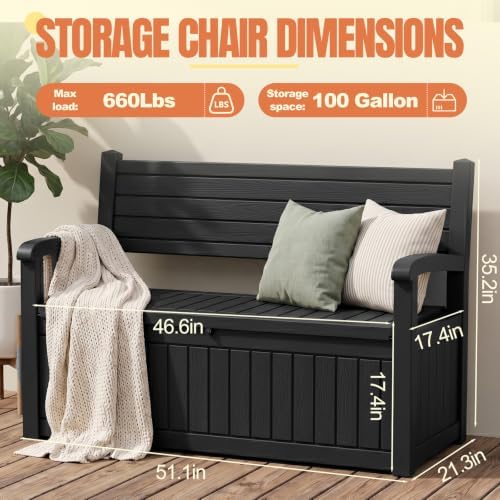storage bench outdoor deck box, 120 gallon lockable showing dimensions