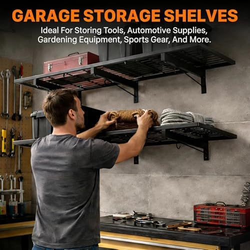 garage wall shelving, 46" x 12" floating shelf, front angle view