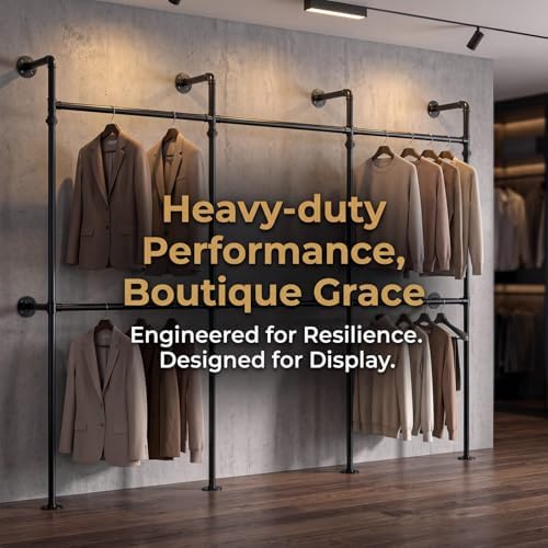 industrial pipe black clothing racks wall mounted, rustic, close-up detail