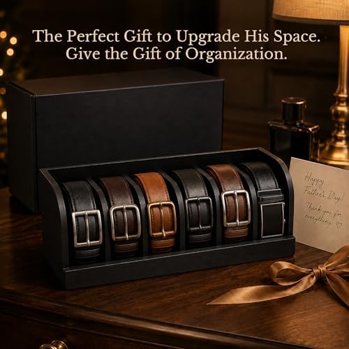 minboo bamboo belt organizer box,6 grids belt rack on a desk or shelf