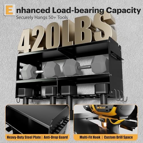 spampur power tool organizer wall mount with charging showing dimensions