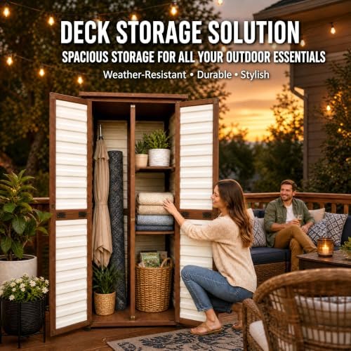 waterproof outdoor storage cabinet, 69" tall fir wood shown in use