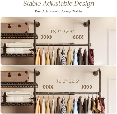 wall mounted closet system, 3-row heavy duty garment, close-up detail