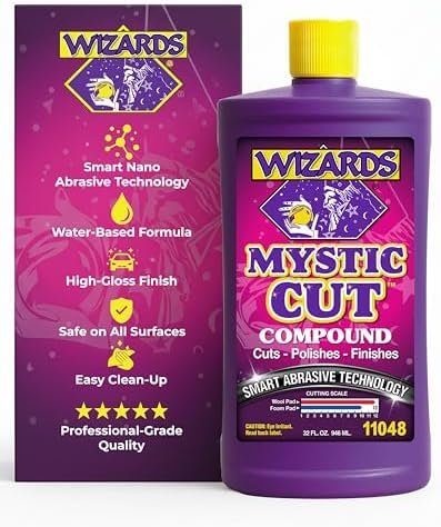 Wizards Mystic Cut Smart Abrasive for Auto Detailing Supplies - No Mess Scratch Remover for Vehicles - Water Based Cutting Compound - Removes Swirls, Defects, Fading, Water Spots - 32 oz
