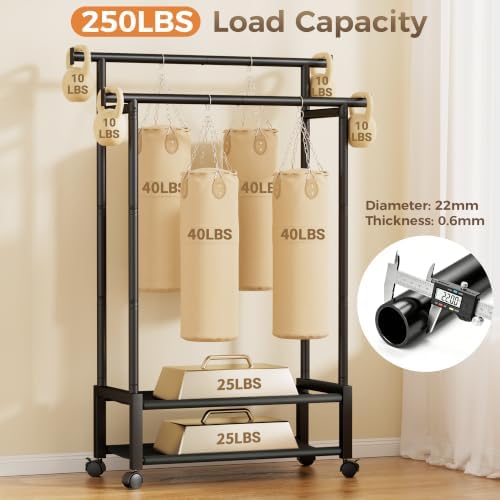 double rod clothing rack with 2 shelves, rolling, side view