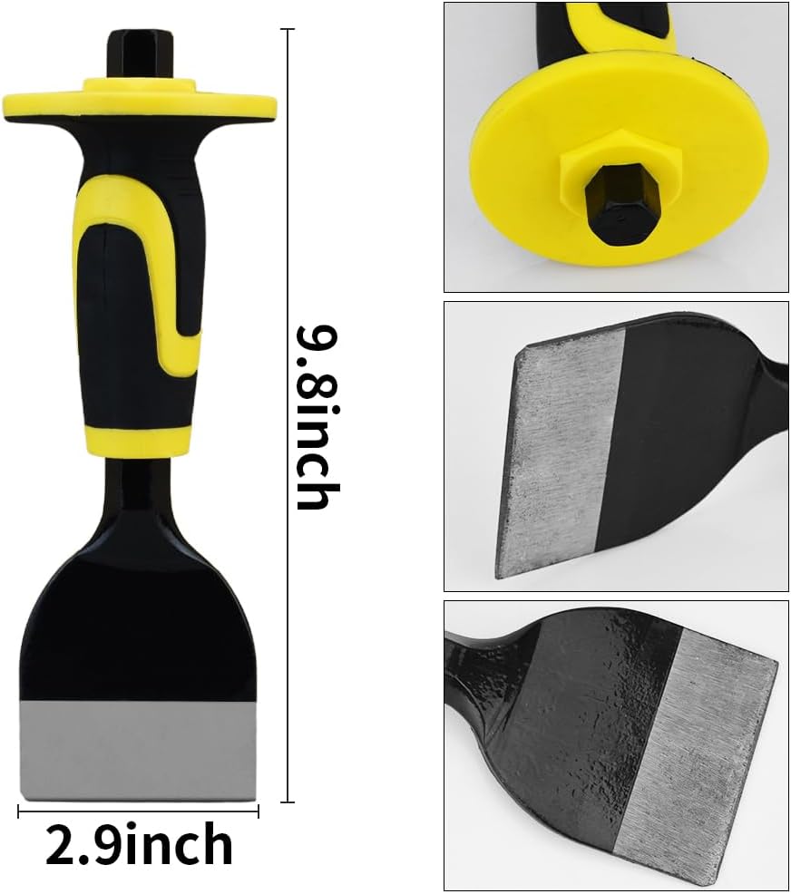 3-piece heavy-duty chisel set with hand protection, concrete shown in use