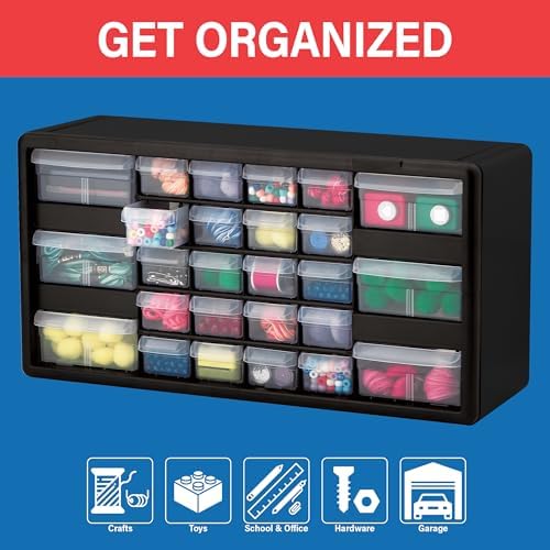 akro-mils 26-drawer plastic storage cabinet, 20"w x 6"d, side view