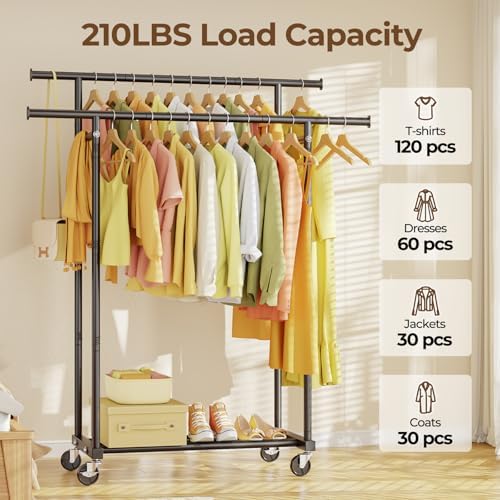 hyseyy double rods clothes rack, rolling clothing rack shown in use