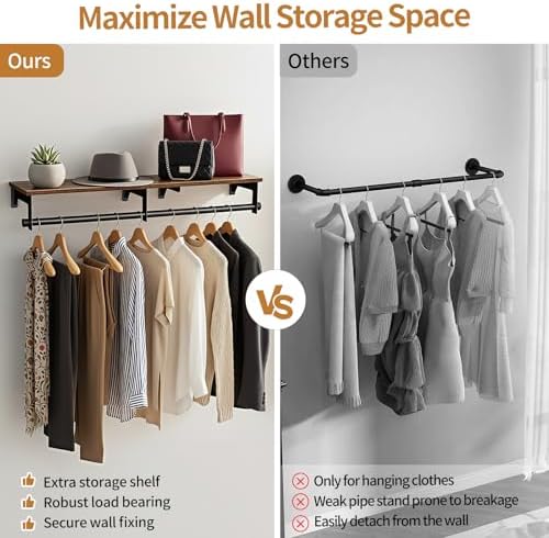 luxspire 43.3" wall mount clothes rack with wood, close-up detail