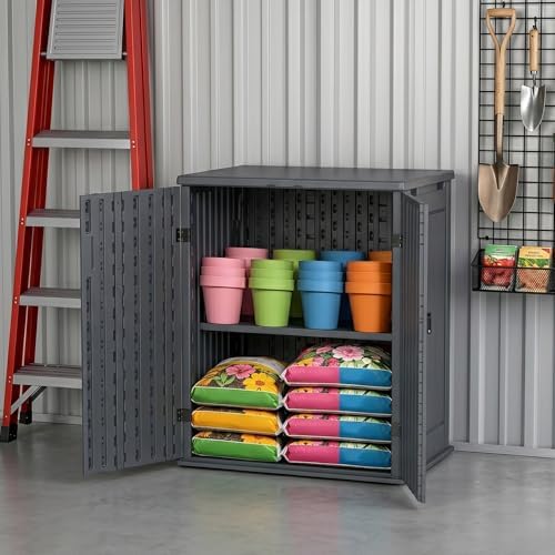 outdoor storage cabinet with 2 shelves, waterproof resin, front angle view